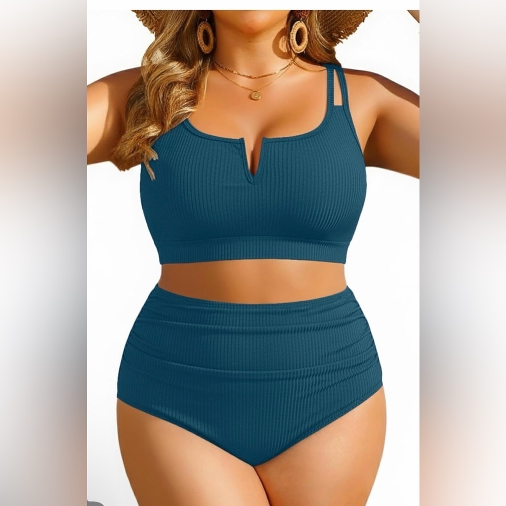 🆕Women Plus Size High Waisted Bikini - Ribbed Two Piece Swimsuit Tummy Control